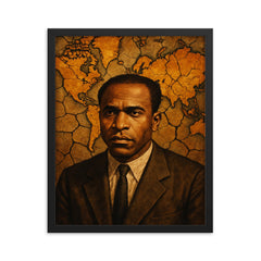 Frantz Fanon with cracked colonial map backdrop framed print on a plain backdrop in size 16"x20".