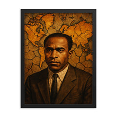 Frantz Fanon with cracked colonial map backdrop framed print on a plain backdrop in size 18"x24".