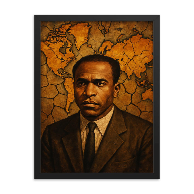 Frantz Fanon with cracked colonial map backdrop framed print on a plain backdrop in size 18