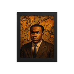 Frantz Fanon with cracked colonial map backdrop framed print on a plain backdrop in size 8"x10".