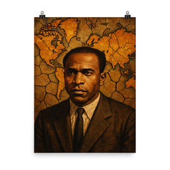 Frantz Fanon with cracked colonial map backdrop poster on a plain backdrop in size 8"x10".