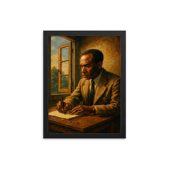 Frantz Fanon writing beside an open casement framed print on a plain backdrop in size 12"x16".