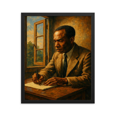 Frantz Fanon writing beside an open casement framed print on a plain backdrop in size 16"x20".