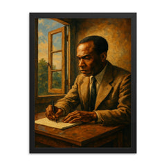 Frantz Fanon writing beside an open casement framed print on a plain backdrop in size 18"x24".