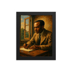 Frantz Fanon writing beside an open casement framed print on a plain backdrop in size 8"x10".