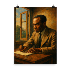 Frantz Fanon writing beside an open casement poster on a plain backdrop in size 8"x10".