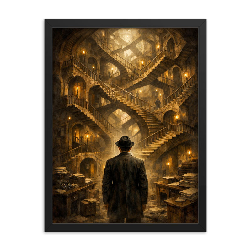 Franz Kafka before impossible bureaucratic staircase framed print on a plain backdrop in size 18