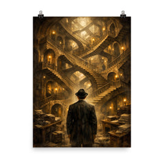 Franz Kafka before impossible bureaucratic staircase poster on a plain backdrop in size 8"x10".