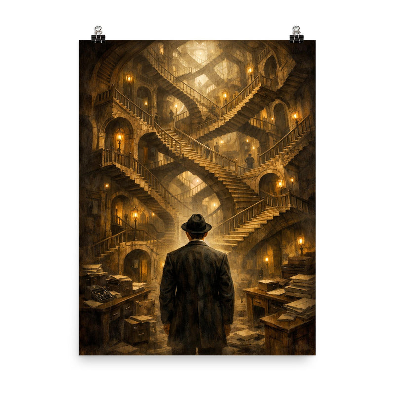 Franz Kafka before impossible bureaucratic staircase poster on a plain backdrop in size 8