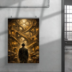Franz Kafka before impossible bureaucratic staircase poster 4