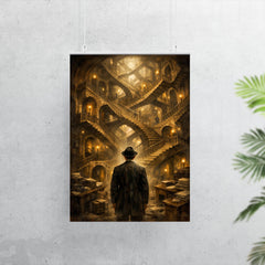 Franz Kafka before impossible bureaucratic staircase poster 7