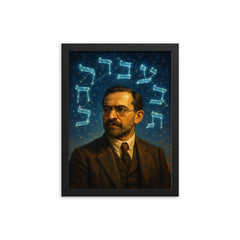 Franz Rosenzweig under Hebrew script constellations framed print on a plain backdrop in size 12"x16".