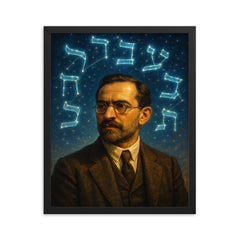 Franz Rosenzweig under Hebrew script constellations framed print on a plain backdrop in size 16"x20".
