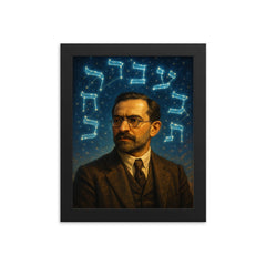 Franz Rosenzweig under Hebrew script constellations framed print on a plain backdrop in size 8"x10".
