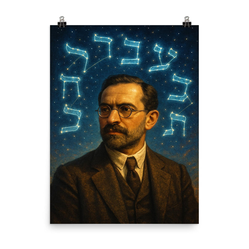 Franz Rosenzweig under Hebrew script constellations poster on a plain backdrop in size 8