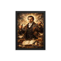 Frédéric Bastiat by broken chains and ledgers framed print on a plain backdrop in size 12"x16".