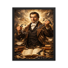 Frédéric Bastiat by broken chains and ledgers framed print on a plain backdrop in size 16"x20".