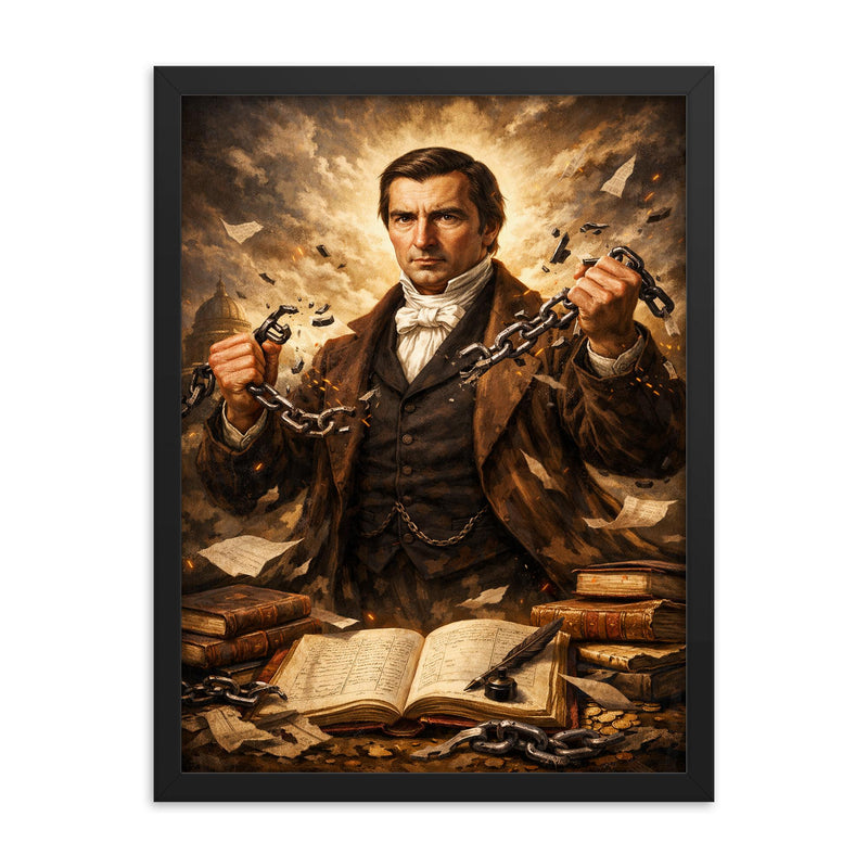 Frédéric Bastiat by broken chains and ledgers framed print on a plain backdrop in size 18