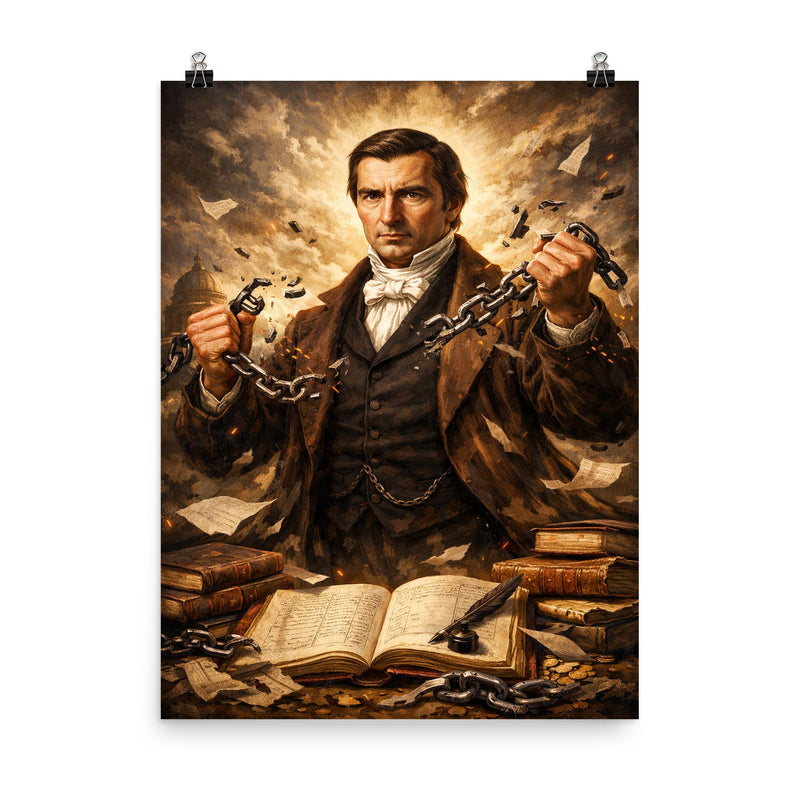 Frédéric Bastiat by broken chains and ledgers poster on a plain backdrop in size 8