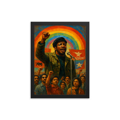 Fred Hampton rainbow coalition rally scene framed print on a plain backdrop in size 12"x16".