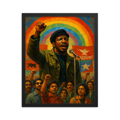 Fred Hampton rainbow coalition rally scene framed print on a plain backdrop in size 16"x20".