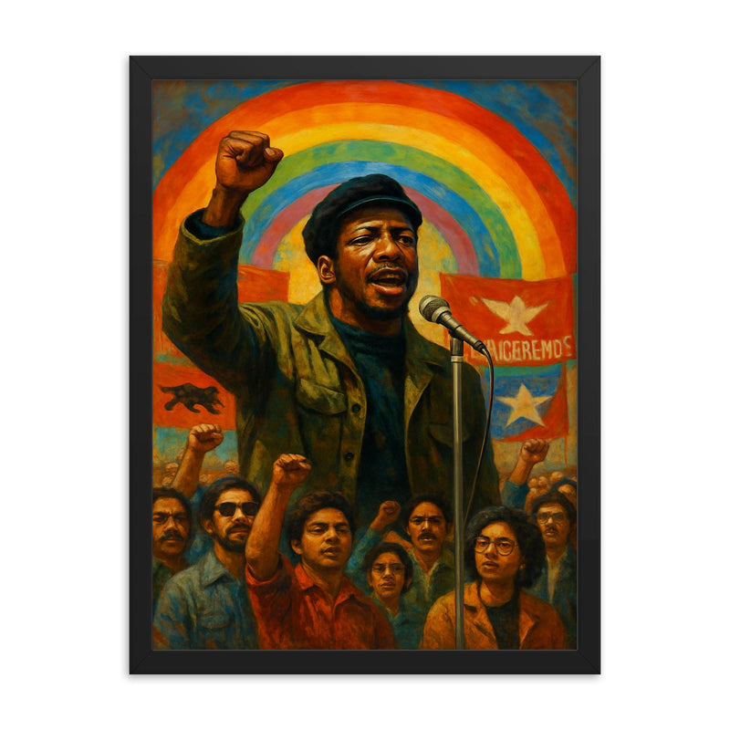Fred Hampton rainbow coalition rally scene framed print on a plain backdrop in size 18