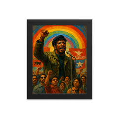 Fred Hampton rainbow coalition rally scene framed print on a plain backdrop in size 8"x10".