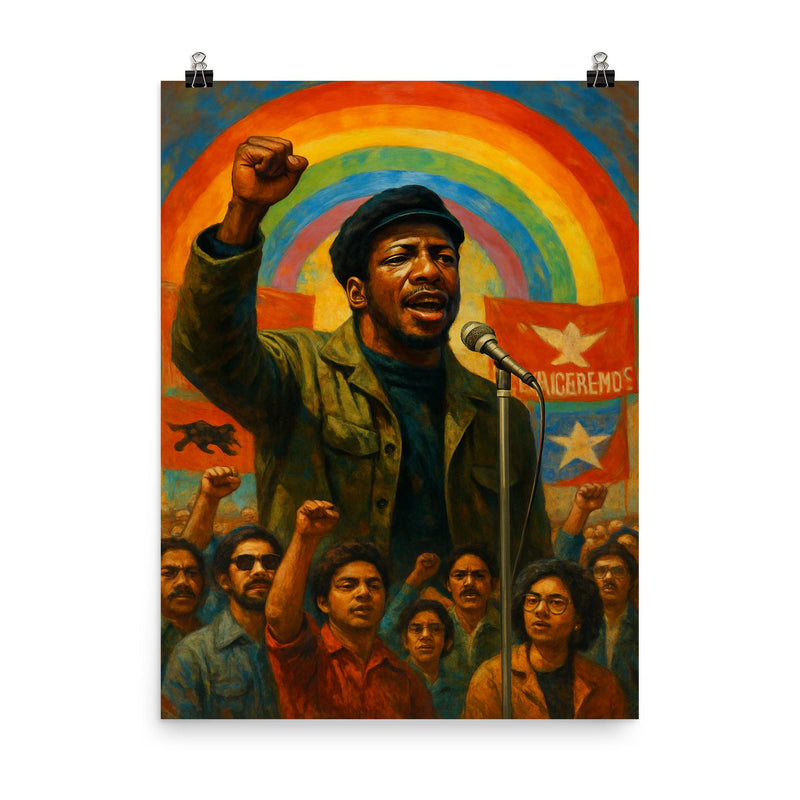 Fred Hampton rainbow coalition rally scene poster on a plain backdrop in size 8