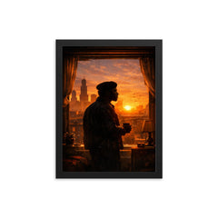 Fred Hampton sunrise apartment silhouette framed print on a plain backdrop in size 12"x16".