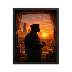 Fred Hampton sunrise apartment silhouette framed print on a plain backdrop in size 16"x20".