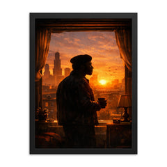 Fred Hampton sunrise apartment silhouette framed print on a plain backdrop in size 18"x24".