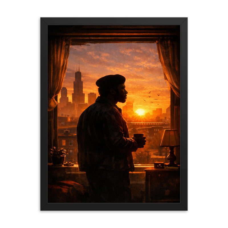 Fred Hampton sunrise apartment silhouette framed print on a plain backdrop in size 18