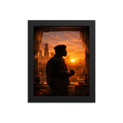 Fred Hampton sunrise apartment silhouette framed print on a plain backdrop in size 8"x10".