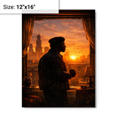 Fred Hampton sunrise apartment silhouette metal print on a plain backdrop in size 12"x16".