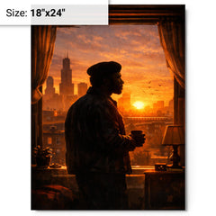 Fred Hampton sunrise apartment silhouette metal print on a plain backdrop in size 18"x24".