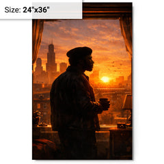 Fred Hampton sunrise apartment silhouette metal print on a plain backdrop in size 24"x36".