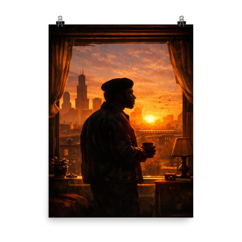 Fred Hampton sunrise apartment silhouette poster on a plain backdrop in size 8
