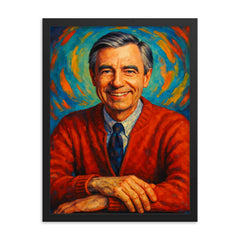 Fred Rogers framed print on a plain backdrop in size 18"x24".