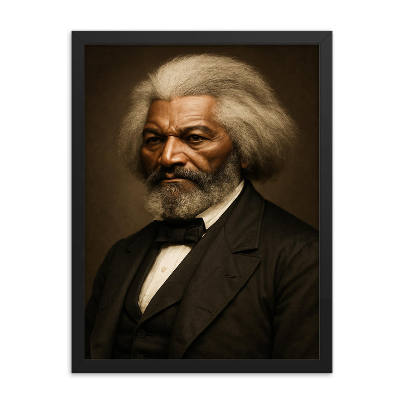 Frederick Douglass portrait framed print on a plain backdrop in size 18