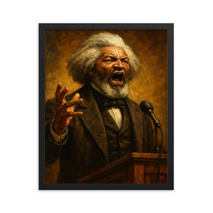 Frederick Douglass thunderous orator portrait framed print on a plain backdrop in size 16"x20".