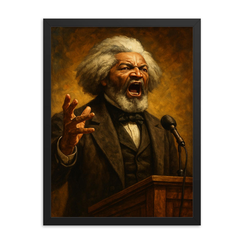 Frederick Douglass thunderous orator portrait framed print on a plain backdrop in size 18