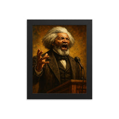 Frederick Douglass thunderous orator portrait framed print on a plain backdrop in size 8"x10".
