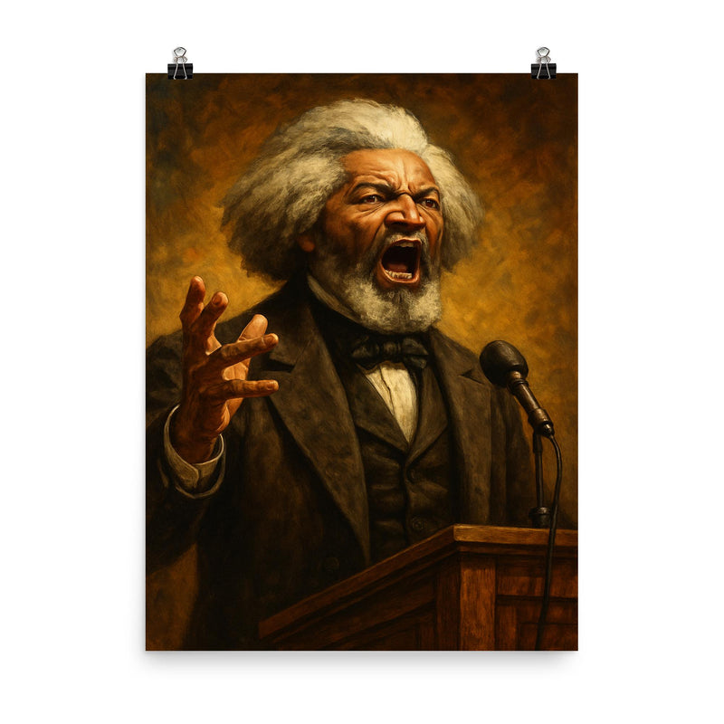 Frederick Douglass thunderous orator portrait poster on a plain backdrop in size 8
