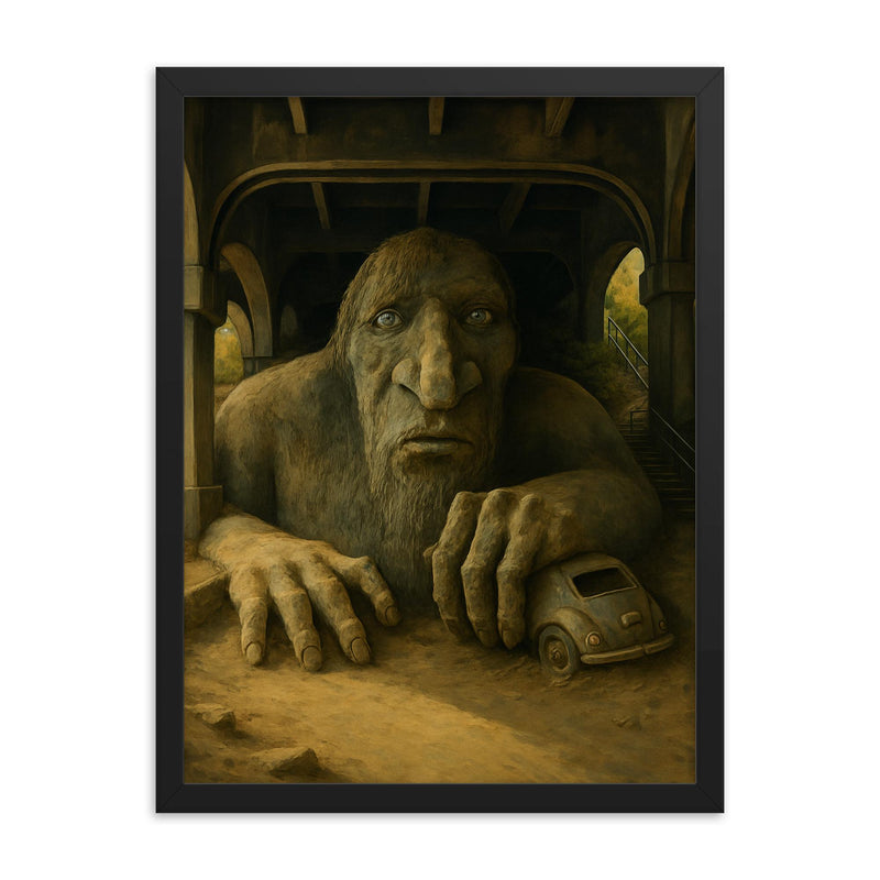Fremont Troll Seattle USA framed print on a plain backdrop in size 18