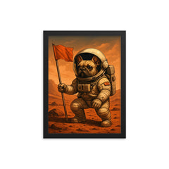 French Bulldog astronaut planting a flag on Mars framed print on a plain backdrop in size 12"x16".