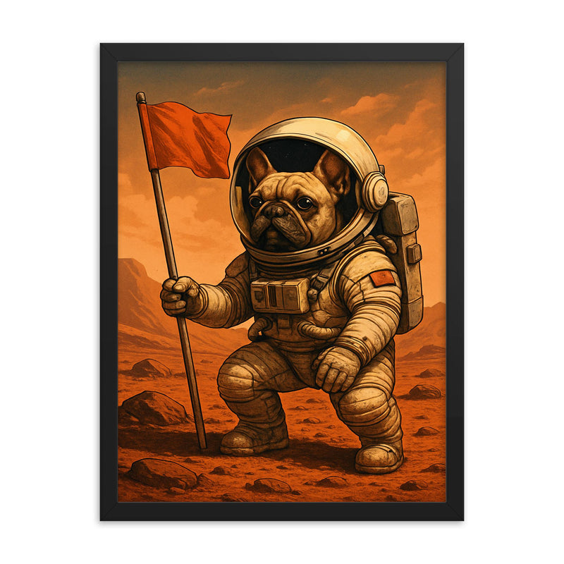 French Bulldog astronaut planting a flag on Mars framed print on a plain backdrop in size 18