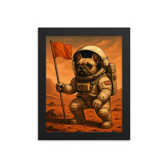 French Bulldog astronaut planting a flag on Mars framed print on a plain backdrop in size 8"x10".