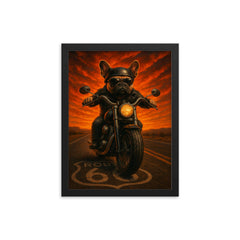 French Bulldog biker roaring down Route 66 against a fiery sunset framed print on a plain backdrop in size 12"x16".