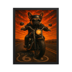 French Bulldog biker roaring down Route 66 against a fiery sunset framed print on a plain backdrop in size 16"x20".