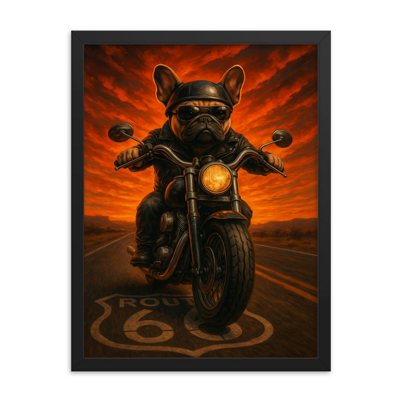 French Bulldog biker roaring down Route 66 against a fiery sunset framed print on a plain backdrop in size 18